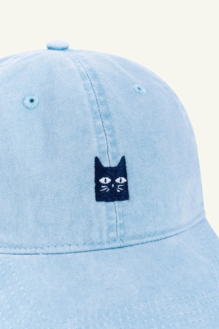Organic cotton embroidered hat by Contrast, Pixel Cat design in Washed Aquamarine edition