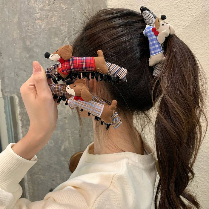 Plaid Dachshund Banana Hair Clip