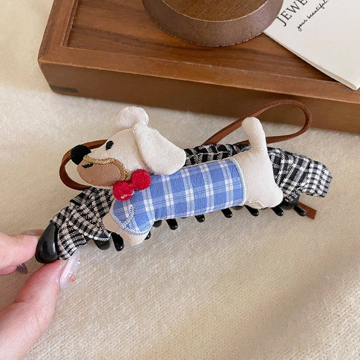 Plaid Dachshund Banana Hair Clip