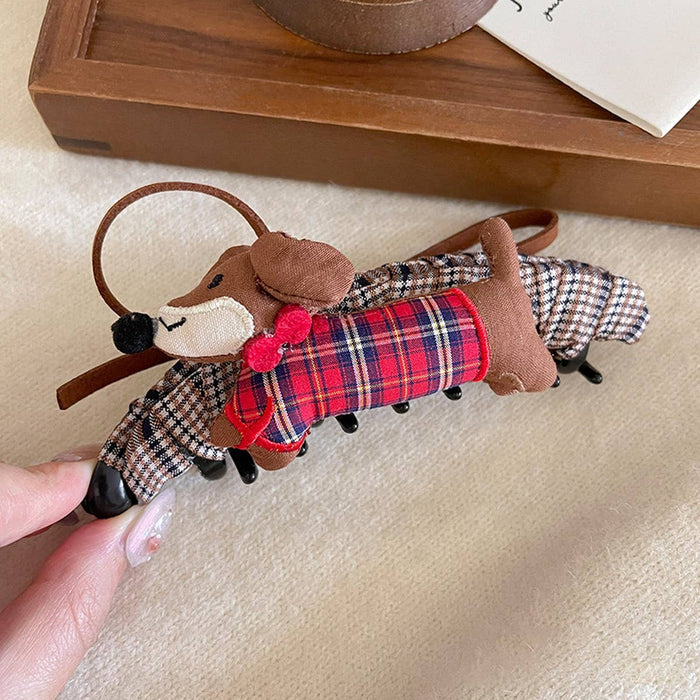 Plaid Dachshund Banana Hair Clip