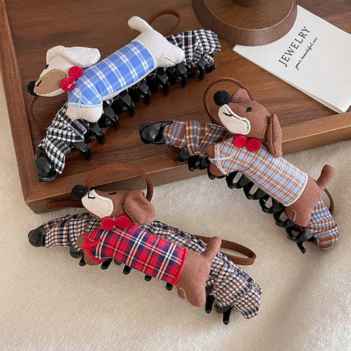 Plaid Dachshund Banana Hair Clip