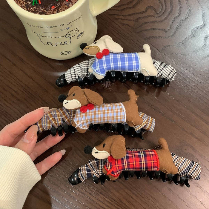 Plaid Dachshund Banana Hair Clip