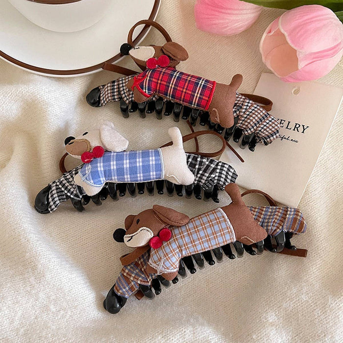 Plaid Dachshund Banana Hair Clip