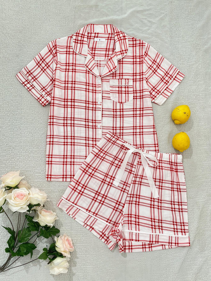 Plaid Lapel Collar Shirt and Shorts Lounge Set - Madikfashions.com