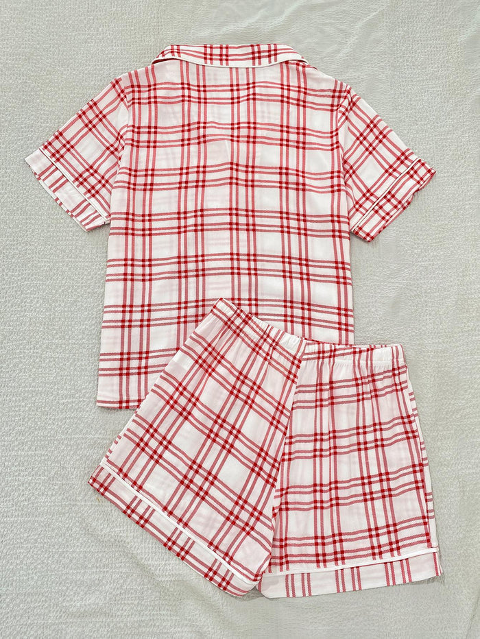 Plaid Lapel Collar Shirt and Shorts Lounge Set - Madikfashions.com