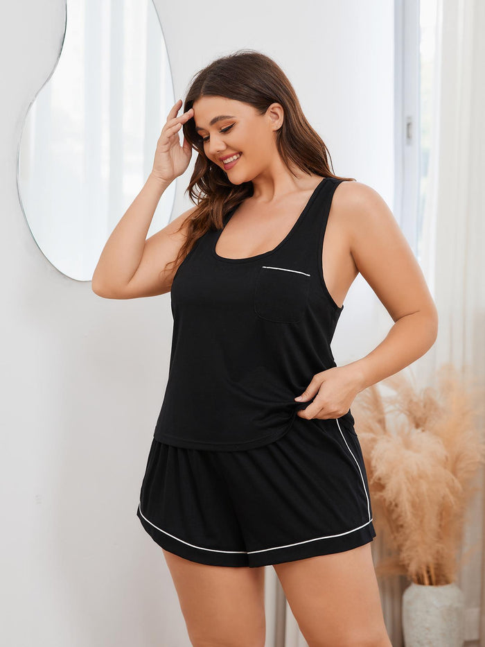 Plus Size Contrast Piping Racerback Tank and Shorts Lounge Set - Madikfashions.com