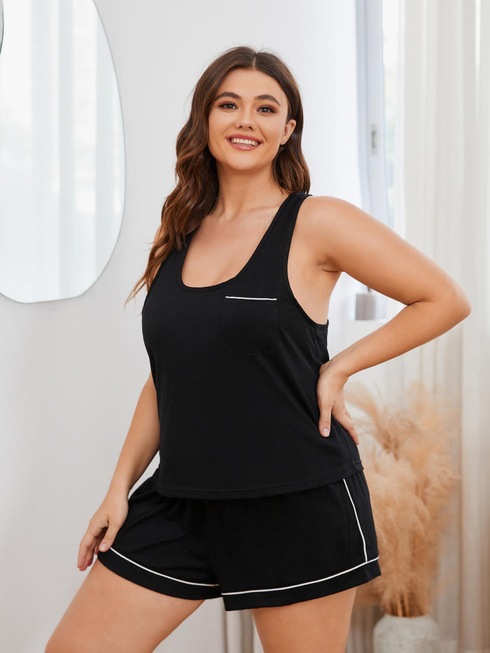 Plus Size Contrast Piping Racerback Tank and Shorts Lounge Set - Madikfashions.com
