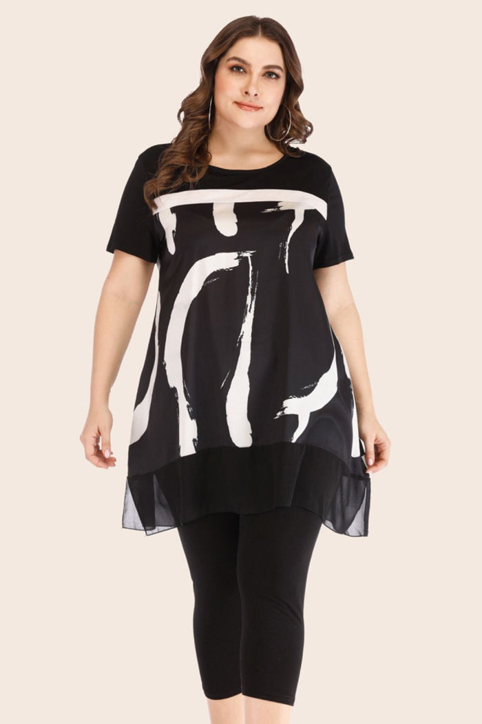 Plus Size Contrast Spliced Mesh T-Shirt and Cropped Leggings Set - Madikfashions.com