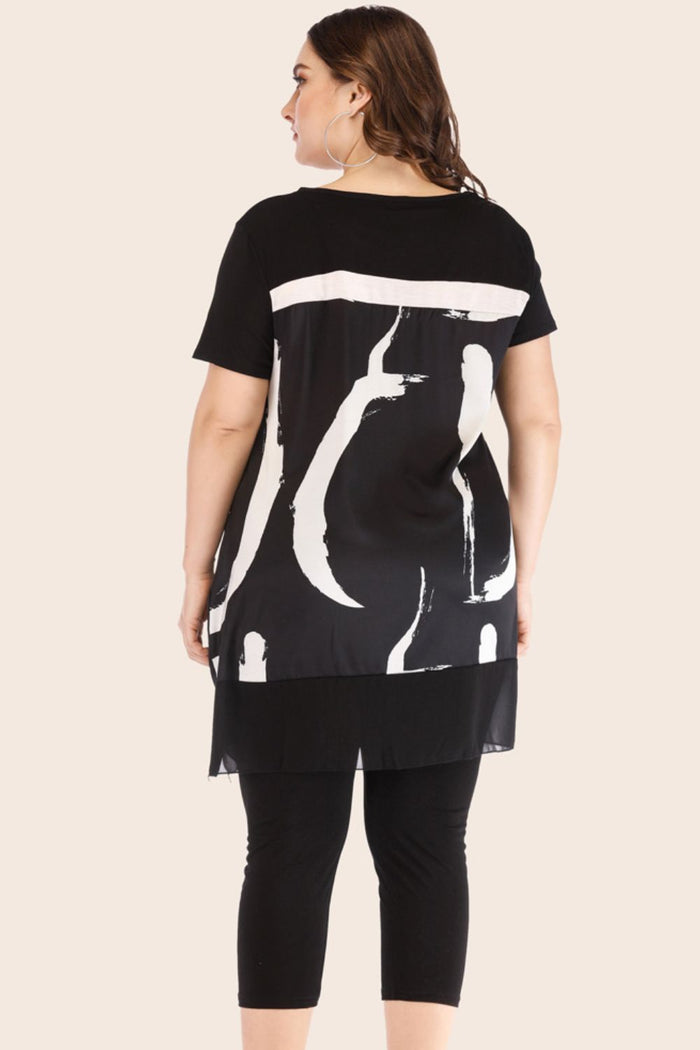 Plus Size Contrast Spliced Mesh T-Shirt and Cropped Leggings Set - Madikfashions.com
