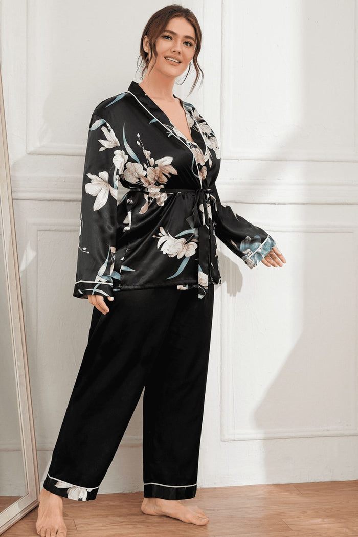 Plus Size Floral Belted Robe and Pants Pajama Set - Madikfashions.com
