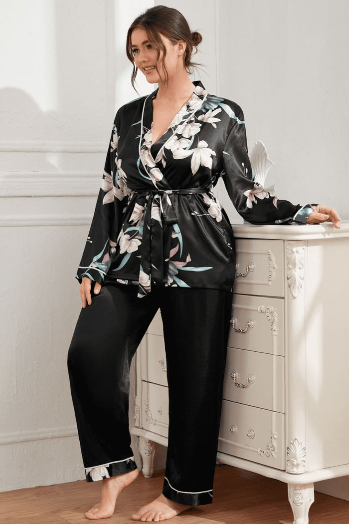 Plus Size Floral Belted Robe and Pants Pajama Set - Madikfashions.com