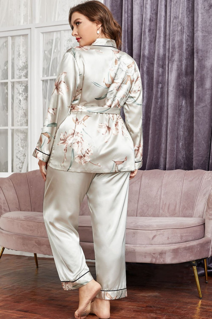 Plus Size Floral Belted Robe and Pants Pajama Set - Madikfashions.com