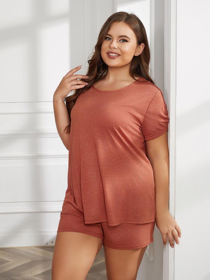 Plus Size Round Neck Short Sleeve Two-Piece Loungewear Set - Madikfashions.com
