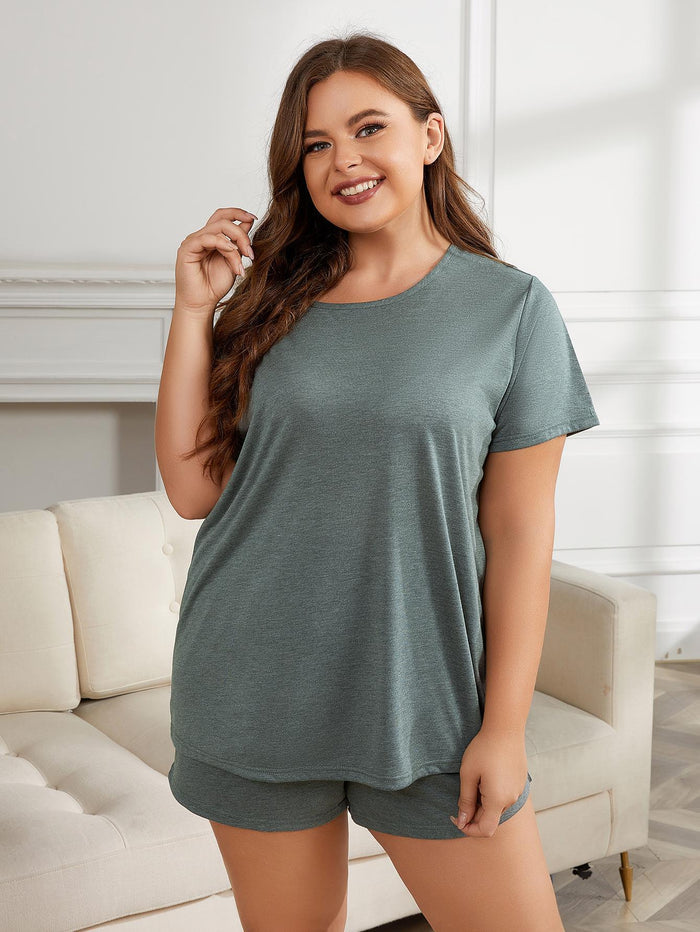 Plus Size Round Neck Short Sleeve Two-Piece Loungewear Set - Madikfashions.com