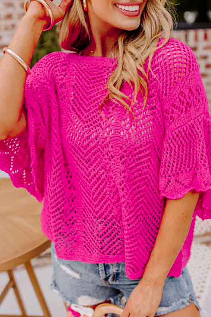 Pointelle Knit Scallop Edge Short Sleeve Top – Rose Red
