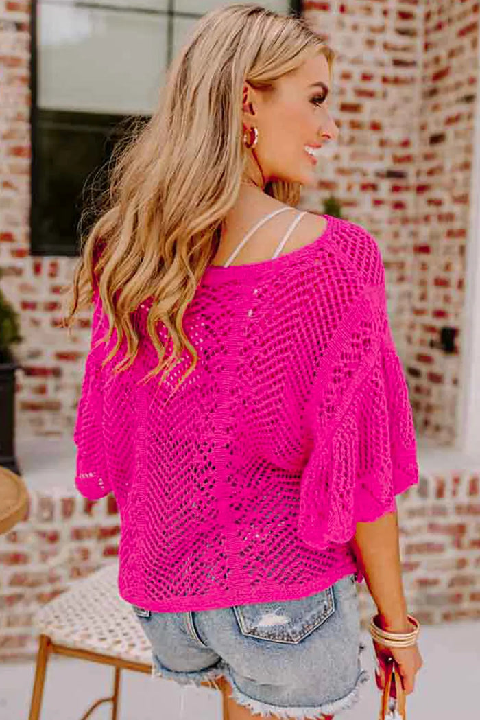 Pointelle Knit Scallop Edge Short Sleeve Top – Rose Red