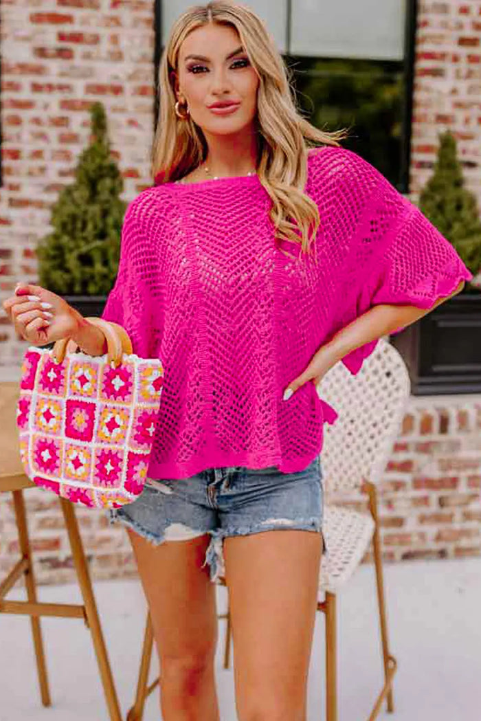 Pointelle Knit Scallop Edge Short Sleeve Top – Rose Red