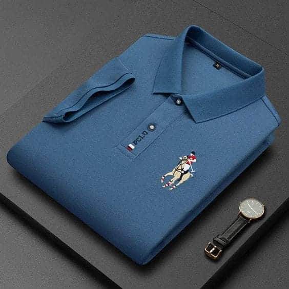 man wearing blue polo shirt casual outfit
