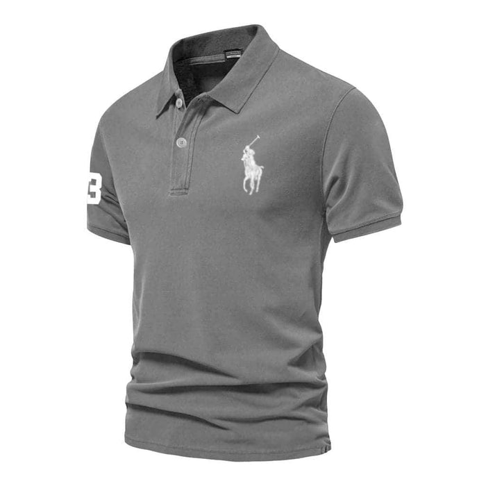 Grey cotton polo shirt close-up fabric