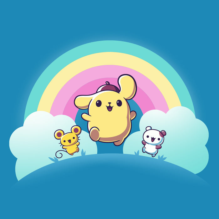 Premium Cotton T-shirt_TeeTurtle cobalt blue Pompompurin, Scone, and Muffin apparel featuring Pompompurin, Scone, and Muffin skipping on a field with a rainbow that has clouds at its ends in the background.