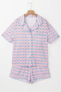 Purple Checkered Pattern Short Sleeve Pyjamass Set - PURPLE / S / 95% POLYESTER + 5% ELASTANE - Loungewear &