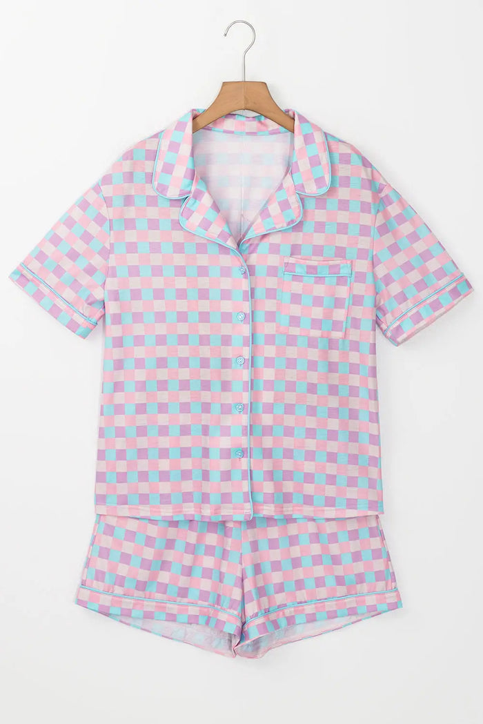 Purple Checkered Pattern Short Sleeve Pyjamass Set - PURPLE / S / 95% POLYESTER + 5% ELASTANE - Loungewear &