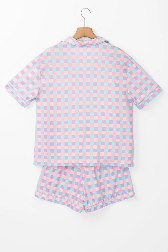 Purple Checkered Pattern Short Sleeve Pyjamass Set - Loungewear & Sleepwear/Pyjama Shorts