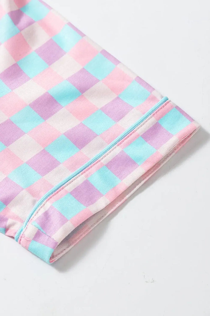 Purple Checkered Pattern Short Sleeve Pyjamass Set - Loungewear & Sleepwear/Pyjama Shorts