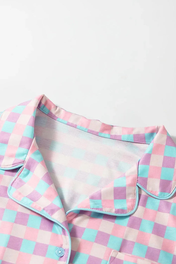 Purple Checkered Pattern Short Sleeve Pyjamass Set - Loungewear & Sleepwear/Pyjama Shorts