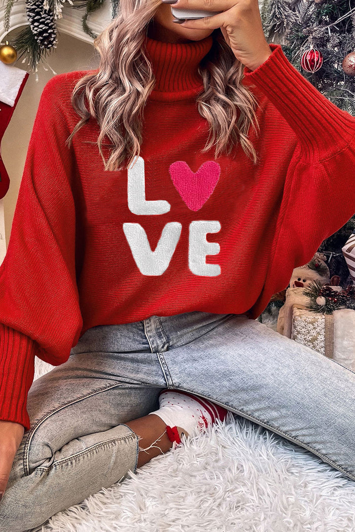 Racing Red Valentine LOVE Letter Embroidered High Neck Sweater - Sweaters & Cardigans/Sweaters