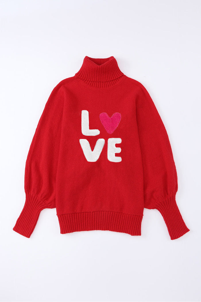 Racing Red Valentine LOVE Letter Embroidered High Neck Sweater - Sweaters & Cardigans/Sweaters