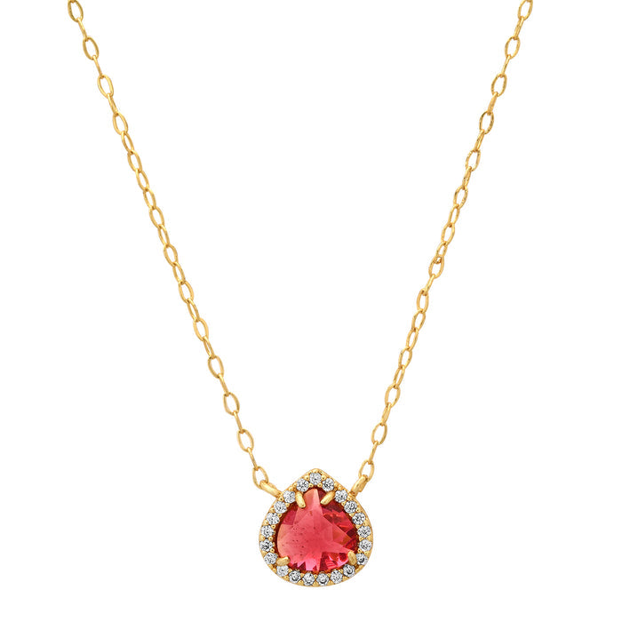 Gold tone chain necklace with round halo pear-cut red gemstone pendant