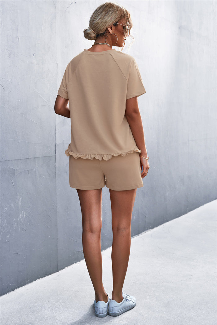 Raglan Sleeve Ruffle Hem Top and Shorts Set with Pockets - Madikfashions.com