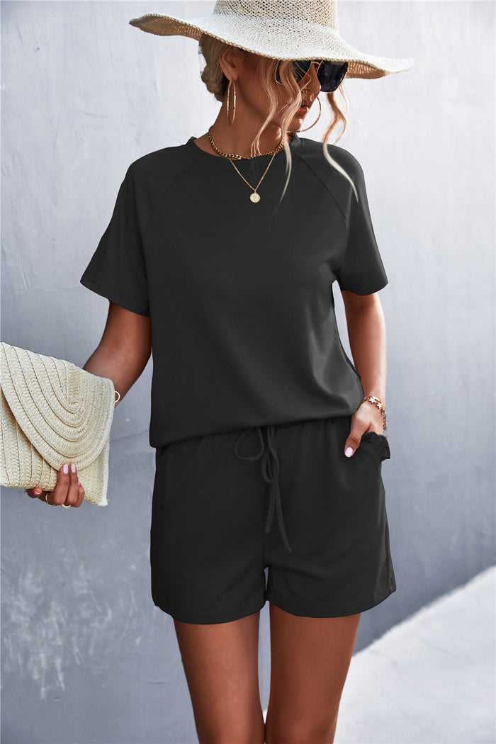 Raglan Sleeve Ruffle Hem Top and Shorts Set with Pockets - Madikfashions.com