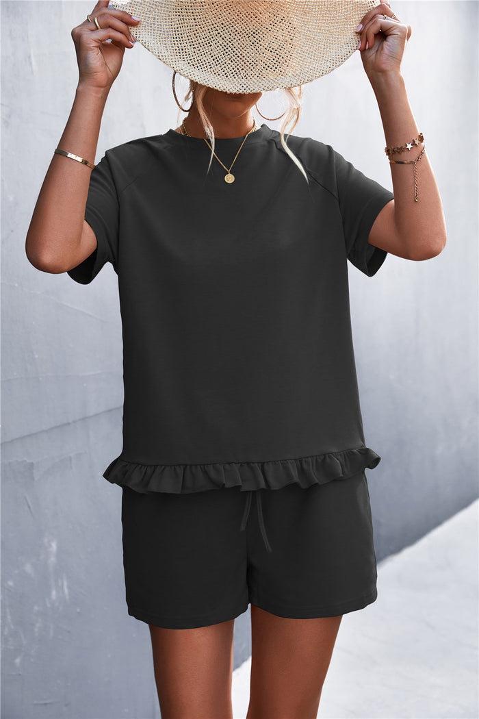 Raglan Sleeve Ruffle Hem Top and Shorts Set with Pockets - Madikfashions.com