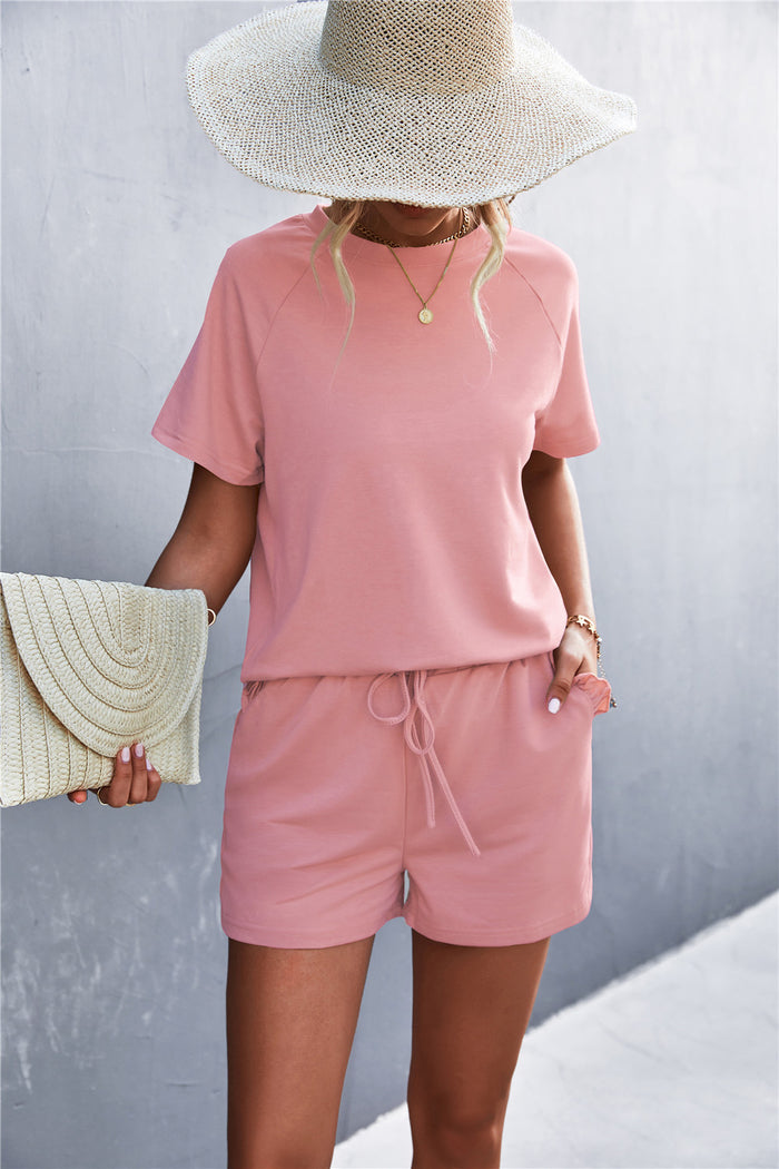 Raglan Sleeve Ruffle Hem Top and Shorts Set with Pockets - Madikfashions.com