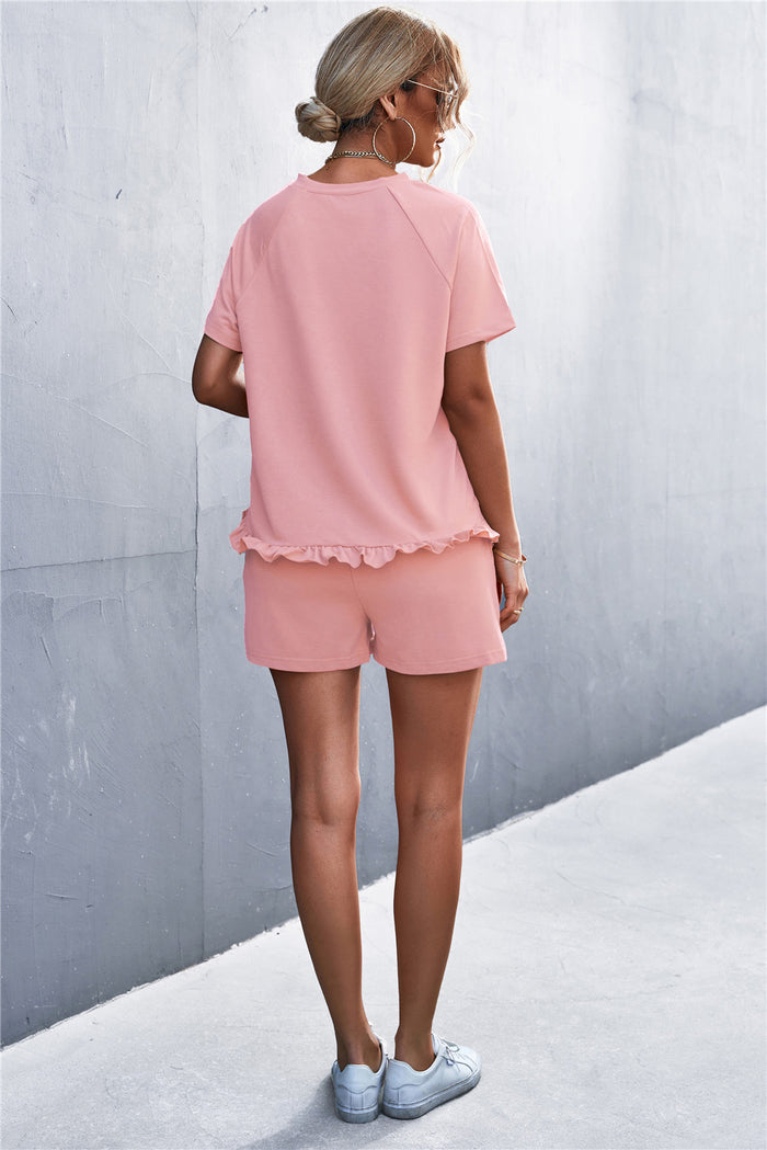Raglan Sleeve Ruffle Hem Top and Shorts Set with Pockets - Madikfashions.com