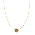 Small rainbow circle pendant necklace with gold chain and round multicolor bezel