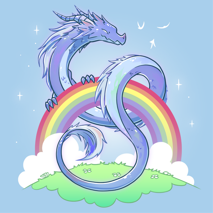 Premium Cotton T-shirt_TeeTurtle light blue Rainbow Protector Premium Cotton T-shirt featuring a smiling dragon protectively looped around a rainbow above a grassy area. There are sparkles around the dragon and rainbow.