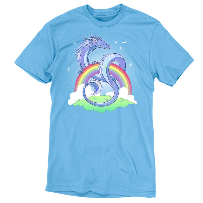 Premium Cotton T-shirt_TeeTurtle light blue Rainbow Protector Premium Cotton T-shirt featuring a smiling dragon protectively looped around a rainbow above a grassy area. There are sparkles around the dragon and rainbow.