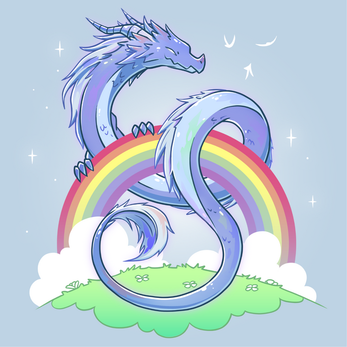 Classic Cotton T-shirt_TeeTurtle light blue Rainbow Protector Classic Cotton T-shirt featuring a smiling dragon protectively looped around a rainbow above a grassy area. There are sparkles around the dragon and rainbow.