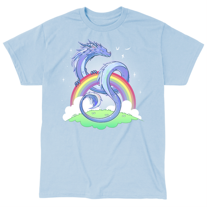 Classic Cotton T-shirt_TeeTurtle light blue Rainbow Protector Classic Cotton T-shirt featuring a smiling dragon protectively looped around a rainbow above a grassy area. There are sparkles around the dragon and rainbow.