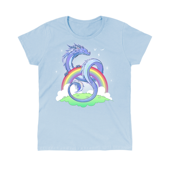 Classic Cotton T-shirt_TeeTurtle light blue Rainbow Protector Classic Cotton T-shirt featuring a smiling dragon protectively looped around a rainbow above a grassy area. There are sparkles around the dragon and rainbow.
