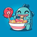 Classic Cotton T-shirt_TeeTurtle sapphire blue Ramen Hangyodon apparel featuring the Sanrio characters  Hangyodon and Sayuri eating a large bowl of ramen.