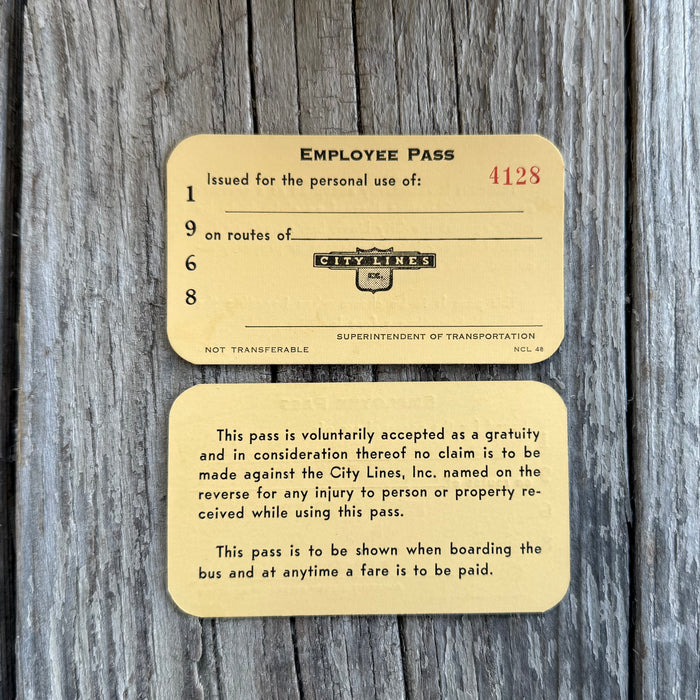 RARE 110 Numbered 1968 CITY LINES INC Employee Bus Pass Dated WHOLESALE LOT