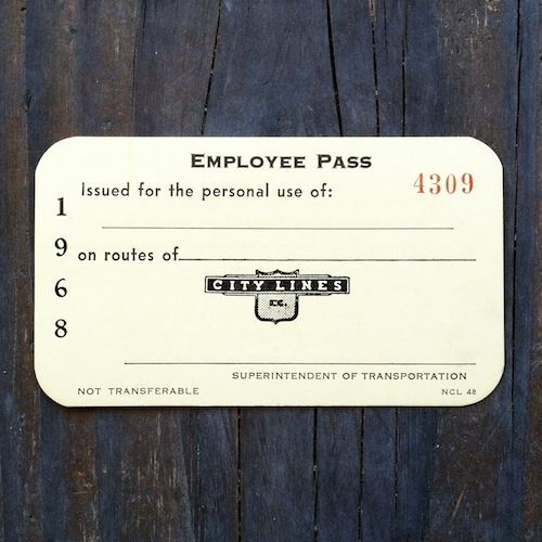 CITY LINES Employee Bus Passes 1968