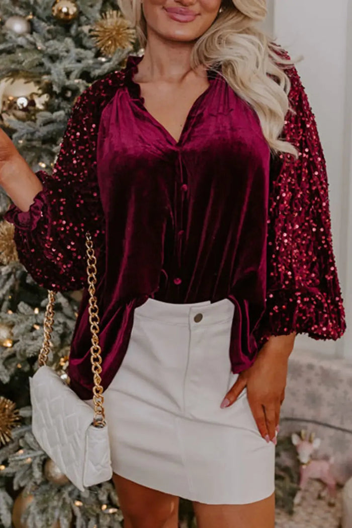 Red Dahlia Sequin Patchwork Sleeve Button Up Velvet Top - S - Occasionwear/party tops
