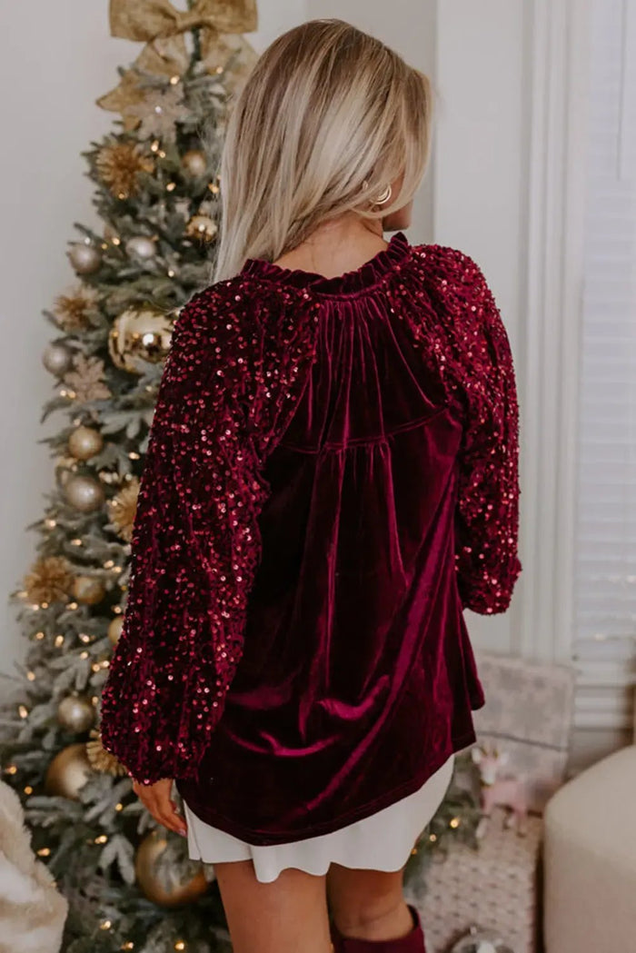 Red Dahlia Sequin Patchwork Sleeve Button Up Velvet Top - Occasionwear/party tops