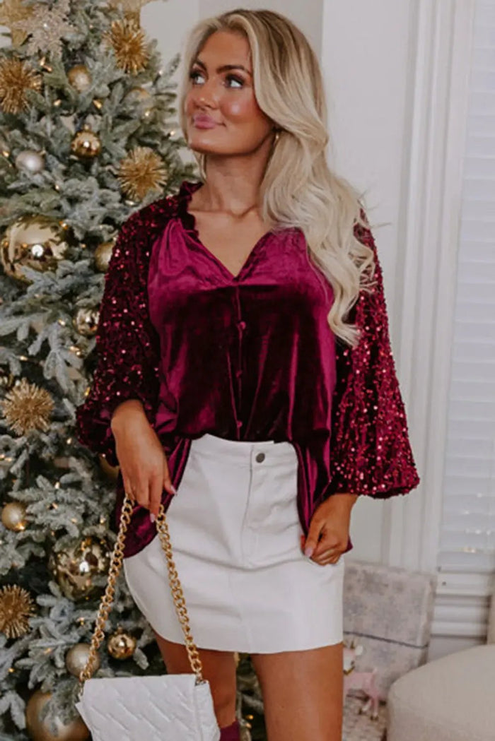 Red Dahlia Sequin Patchwork Sleeve Button Up Velvet Top - Occasionwear/party tops