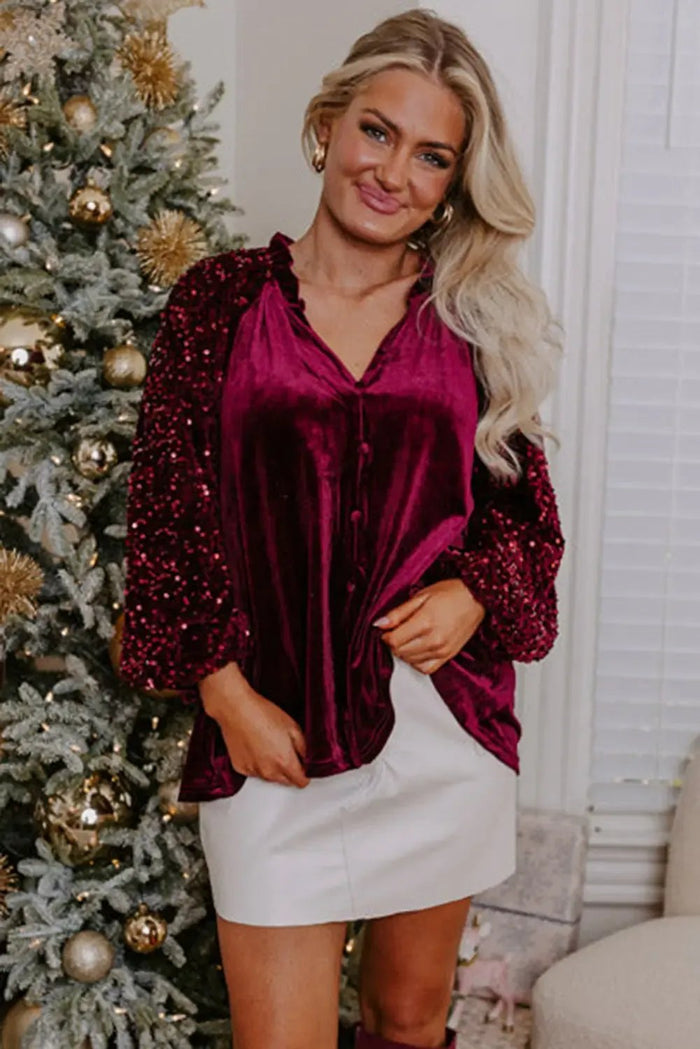 Red Dahlia Sequin Patchwork Sleeve Button Up Velvet Top - Occasionwear/party tops